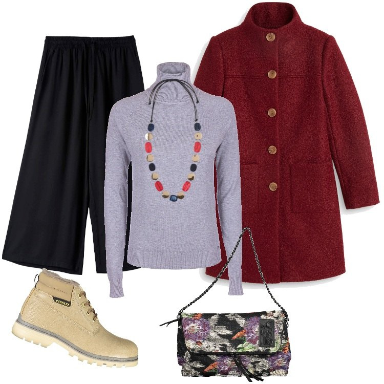 Outfit donna - Total look #1994466. Stile Etnico per Ufficio. Abbinamento con cappotti, pantaloni a palazzo, maglieria, stivali, collane, borse a mano.