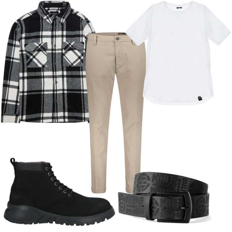 Outfit uomo - Total look #1994472. Stile Casual per Tutti i giorni. Abbinamento con cinture, stivali e stivaletti, cappotti, t-shirt, pantaloni.