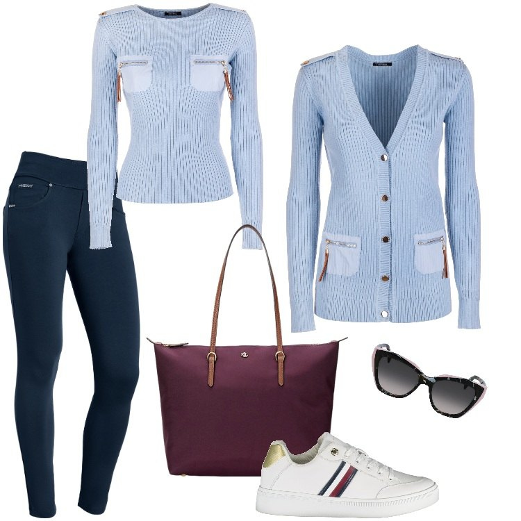 Outfit donna - Total look #1994484. Stile Sporty chic per Tutti i giorni. Abbinamento con cardigans, maglieria, pantaloni skinny, borse tote, occhiali da sole, sneakers.