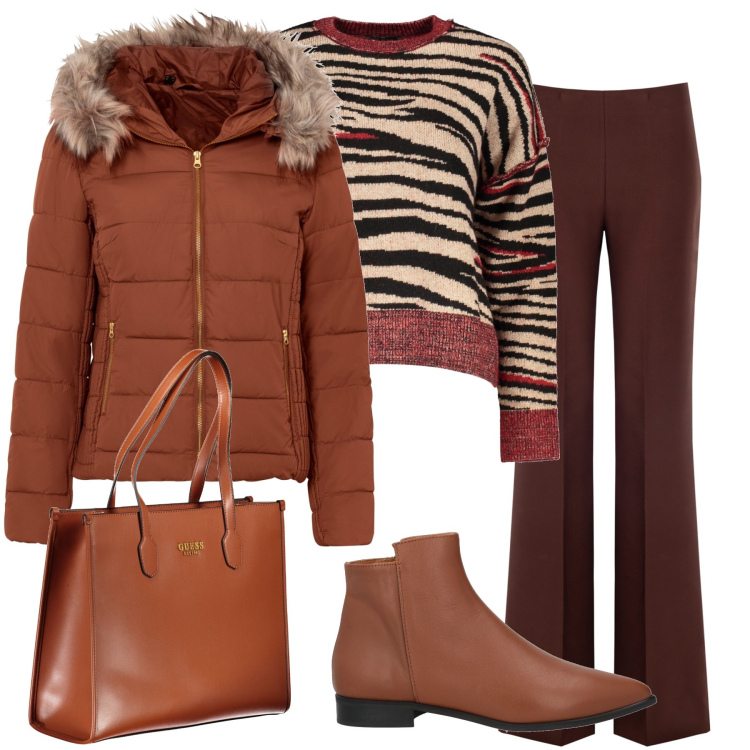 Outfit donna - Tonalita’ di marrone. Stile Casual per Ufficio. Abbinamento con giacche, stivaletti, pantaloni a palazzo, maglieria, borse a spalla.