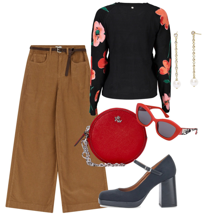 Outfit donna - I pantaloni per l\'autunno. Stile Casual per Ufficio. Abbinamento con orecchini, pantaloni, pochette, décolleté, maglieria, occhiali da sole.