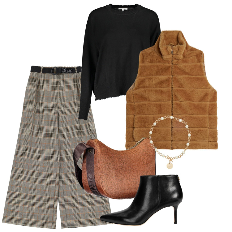 Outfit donna - I pantaloni per l\'autunno. Stile Chic per Tutti i giorni. Abbinamento con pantaloni, gilet, collane, stivaletti, borse a tracolla, maglieria.