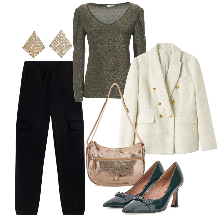 Outfit donna - I pantaloni (chic) per l\'autunno. Stile Chic per Serata fuori. Abbinamento con blazer, orecchini, top, pantaloni cargo, décolleté, borse a tracolla.
