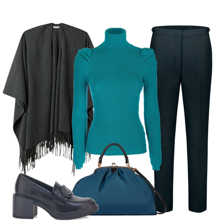 Outfit donna - Sfumature di blu. Stile Chic per Tutti i giorni. Abbinamento con cappe, maglieria, mocassini, borse a spalla, pantaloni.