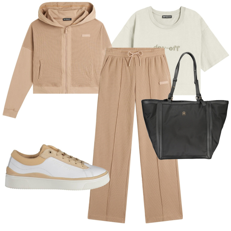 Outfit donna - Novembre casual. Stile Casual per Tutti i giorni. Abbinamento con felpe con cappuccio, pantaloni, t-shirt, sneakers, borse a spalla.