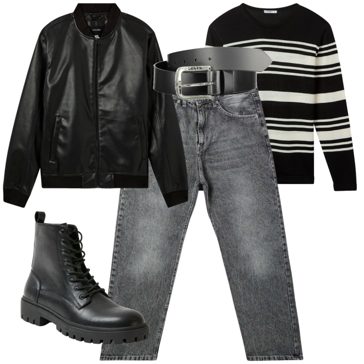 Outfit uomo - City. Stile Urban per Tutti i giorni. Abbinamento con bomber, maglieria, jeans, anfibi, cinture.