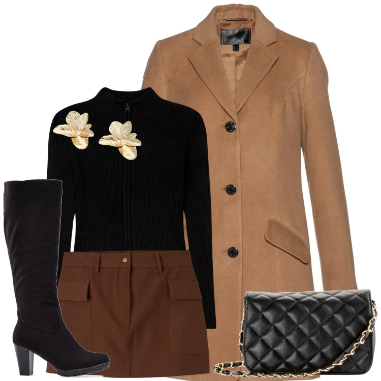 Outfit donna - City. Stile Urban per Tutti i giorni. Abbinamento con stivali, borse a tracolla, cappotti, gonne, cardigans, orecchini.