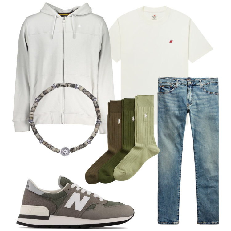 Outfit uomo - Total look #1994537. Stile Casual per Tutti i giorni. Abbinamento con braccialetti, t-shirt, scarpe sportive, jeans, calzini, felpe con cappuccio.