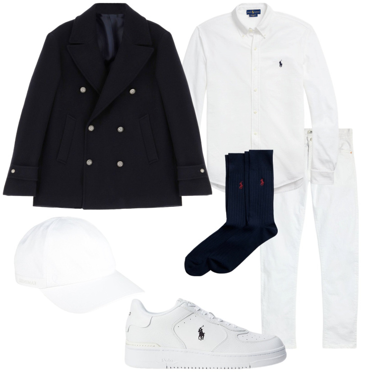 Outfit uomo - Domenica in barca. Stile Trendy per Tutti i giorni. Abbinamento con cappelli con visiera, giacche, calzini, camicie, jeans, sneakers.