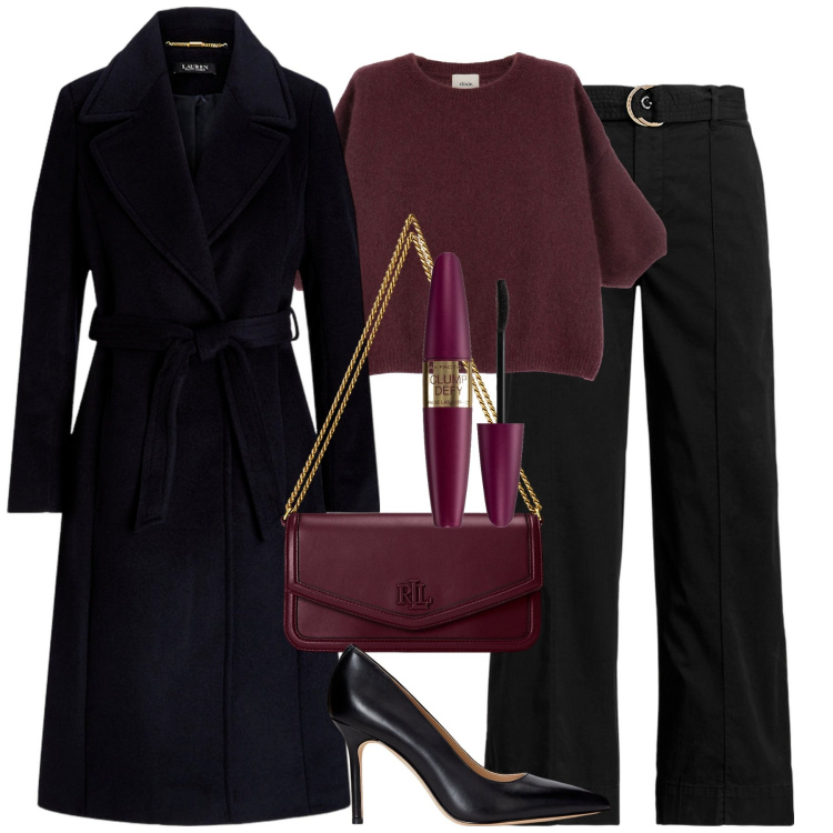 Outfit donna - Serata. Stile Trendy per Serata fuori. Abbinamento con mascara, pullovers, cappotti, décolleté, pantaloni, borse a spalla.