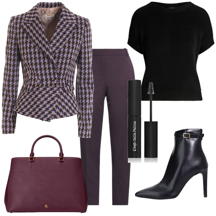Outfit donna - Capoufficio. Stile Vintage retrò per Ufficio. Abbinamento con pantaloni, mascara, blazer, stivaletti, borse a mano, maglieria.