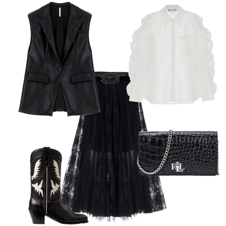 Outfit donna - Total look #1994550. Stile Glamour per Serata fuori. Abbinamento con camicie, gonne, gilet, stivali, borse a mano, cinture.