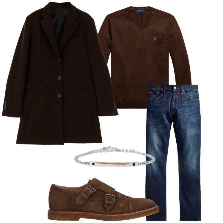 Outfit uomo - A due bottoni. Stile Trendy per Tutti i giorni. Abbinamento con scarpe stringate, braccialetti, cappotti, jeans, maglieria.
