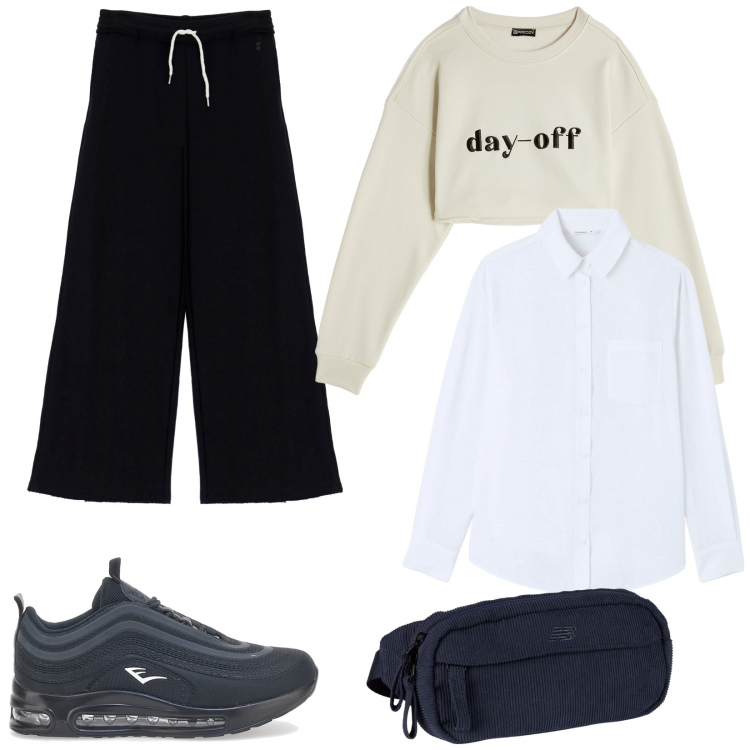 Outfit donna - I pantaloni per l\'autunno. Stile Urban per Tutti i giorni. Abbinamento con camicie, pantaloni a palazzo, marsupi, felpe, sneakers.