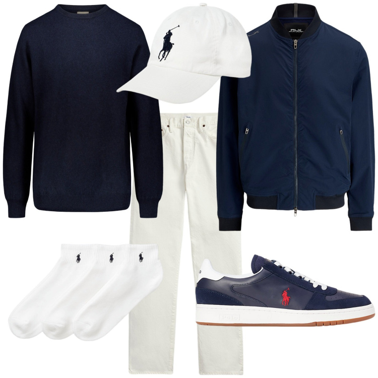Outfit uomo - Blanco. Stile Casual per Tutti i giorni. Abbinamento con jeans dritti, cappelli, calzini, scarpe sportive, giacche sportive, maglieria.