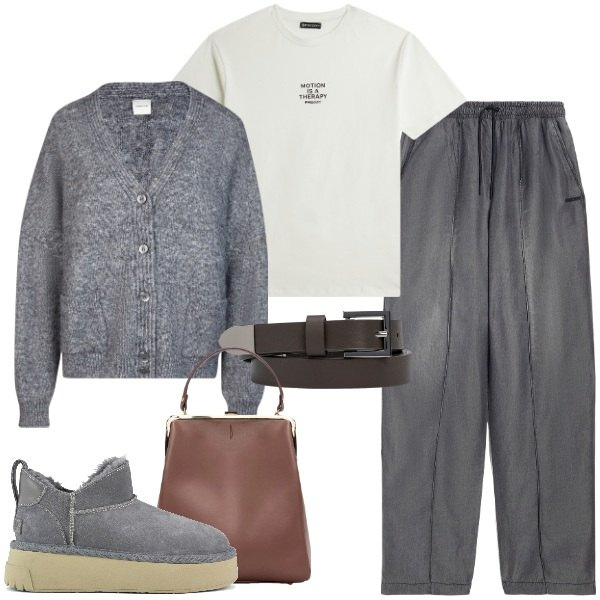 Outfit donna - Grigio chic a novembre. Stile Sporty chic per Tutti i giorni. Abbinamento con jeans, t-shirt, borse a spalla, cinture, cardigans, stivali.