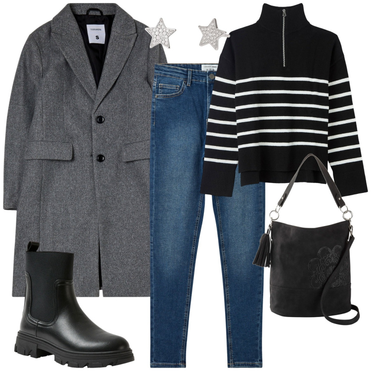 Outfit donna - Novembre. Stile Casual chic per Tutti i giorni. Abbinamento con borse a mano, maglieria, cappotti, stivaletti chelsea, jeans skinny, orecchini.