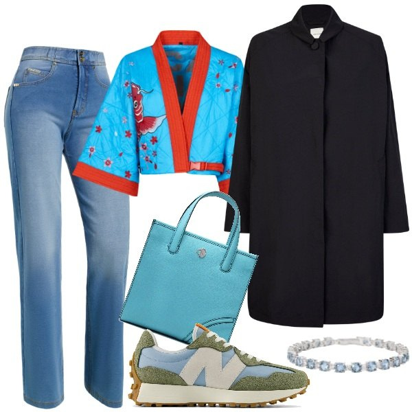 Outfit donna - Soprabito di mezza stagione. Stile Etnico per Serata fuori. Abbinamento con braccialetti, sneakers, jeans, kimono, trench, shopping bag.