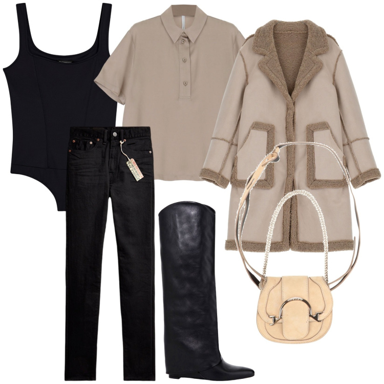 Outfit donna - Total look #1994579. Stile Trendy per Tutti i giorni. Abbinamento con marsupi, cappotti, camicie, body, stivali, jeans skinny.