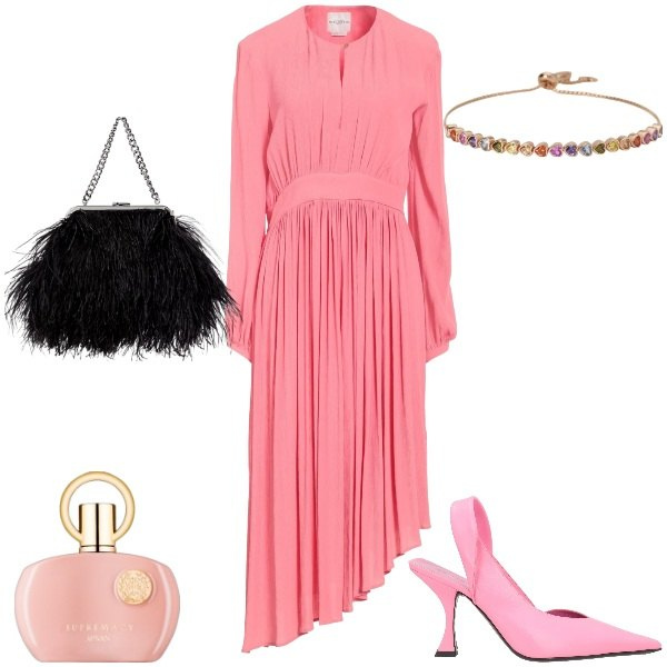 Outfit donna - Orlo asimmetrico. Stile Chic per Cerimonia. Abbinamento con vestiti asimmetrici, décolleté, profumi, braccialetti, clutch.