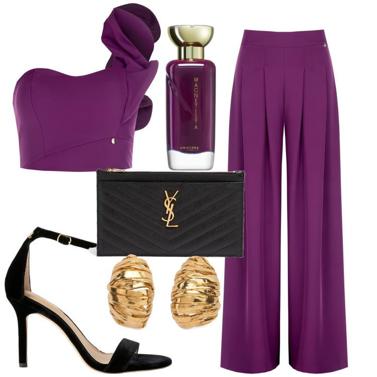 Outfit donna - Serata evento. Stile Glamour per Serata fuori. Abbinamento con profumi, top, pantaloni a palazzo, sandali col tacco, pochette, orecchini.