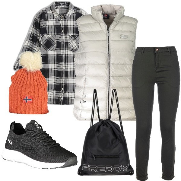 Outfit donna - In montagna...baita. Stile Casual per Tutti i giorni. Abbinamento con camicie, pantaloni, zaini, berretti, sneakers, blazer.
