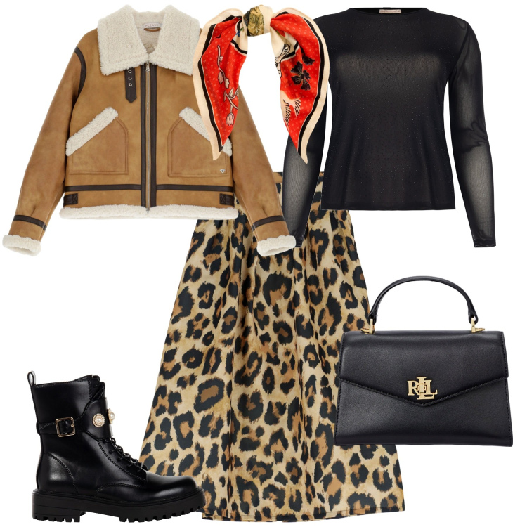 Outfit donna - Total look #1994602. Stile Trendy per Tutti i giorni. Abbinamento con blazer, t-shirt, anfibi, gonne, borse a mano, foulard.