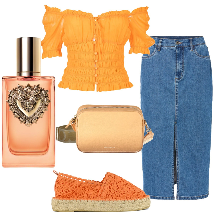 Outfit donna - Orange is the new black. Stile Casual per Tutti i giorni. Abbinamento con gonne lunghe, profumi, top, espadrillas, borse a tracolla.
