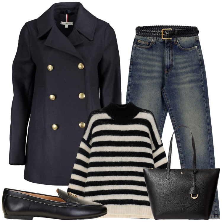 Outfit donna - City. Stile Urban per Tutti i giorni. Abbinamento con maglieria, jeans, mocassini, borse tote, cinture, blazer.