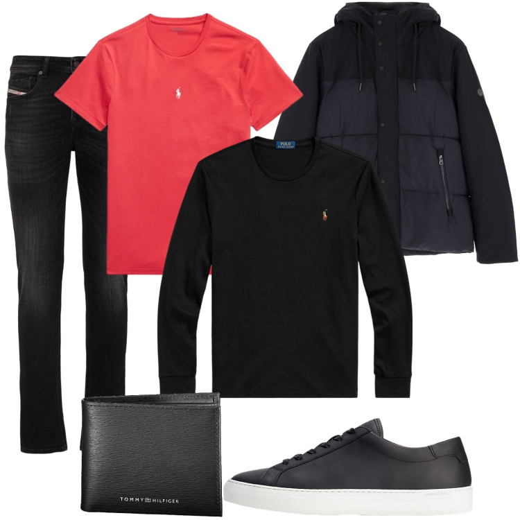 Outfit uomo - Total look #1994627. Stile Casual per Tutti i giorni. Abbinamento con piumini, t-shirt, sneakers, t-shirt, jeans skinny, portafogli.