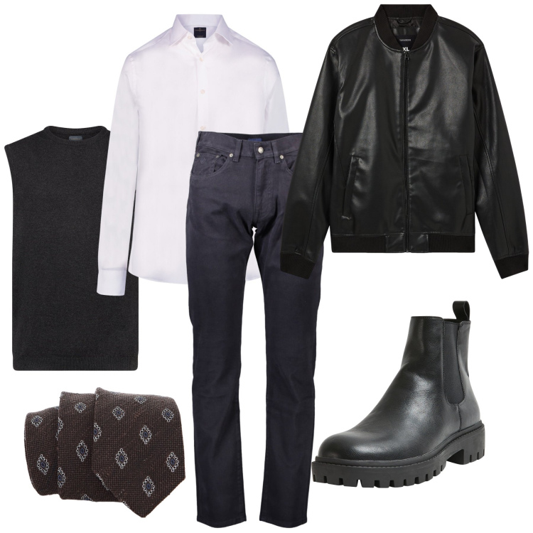 Outfit uomo - La cravatta con i rombi. Stile Business/Elegante per Serata speciale. Abbinamento con bomber, stivali e stivaletti, cravatte, camicie, gilet, pantaloni.
