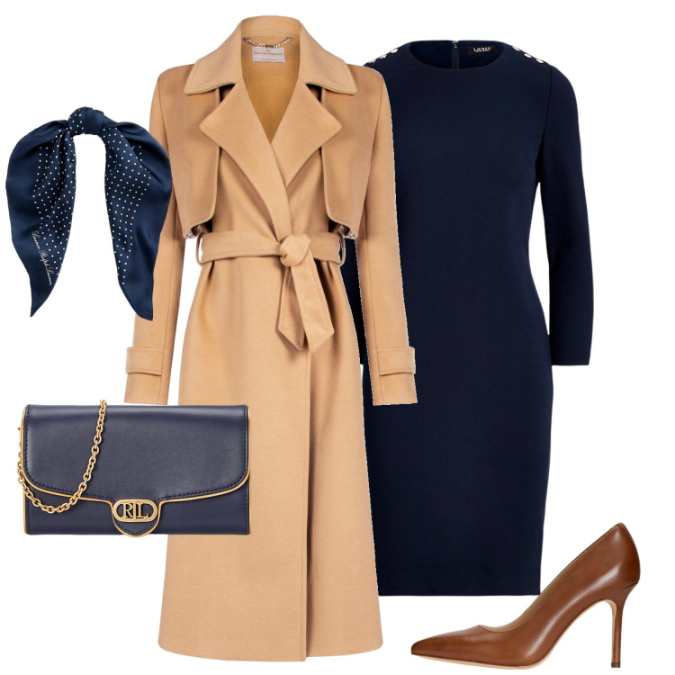 Outfit donna - Timeless. Stile Chic per Tutti i giorni. Abbinamento con cappotti, foulard, borse a tracolla, décolleté, vestiti.