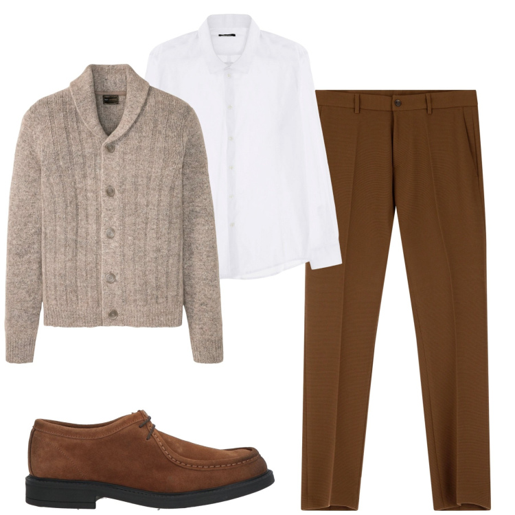 Outfit uomo - In ufficio. Stile Business/Elegante per Ufficio. Abbinamento con cardigans, scarpe stringate, camicie, pantaloni.