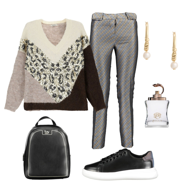 Outfit donna - Total look #1994667. Stile Chic per Tutti i giorni. Abbinamento con profumi, maglieria, orecchini, pantaloni, zaini, sneakers.