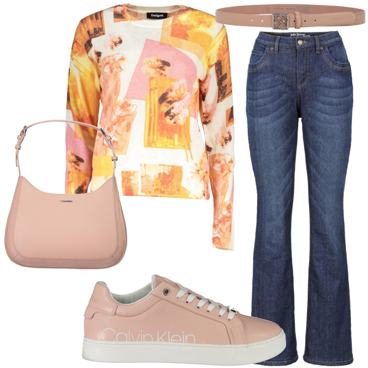 Outfit donna - A fare la spesa. Stile Casual per Tutti i giorni. Abbinamento con jeans bootcut, cinture, borse a spalla, sneakers, maglieria.