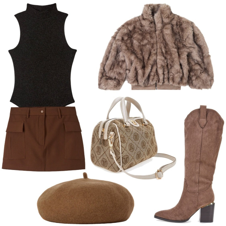 Outfit donna - Cappelli per l\'autunno. Stile Casual chic per Serata fuori. Abbinamento con gonne, body, ecopellicce, cappelli e berretti, borse a mano, stivaletti.
