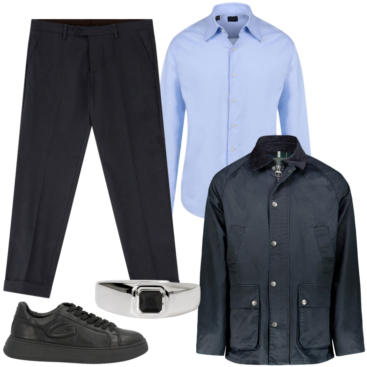 Outfit uomo - Un viaggiatore. Stile Trendy per Tutti i giorni. Abbinamento con sneakers, anelli, pantaloni chino, camicie, giacche.