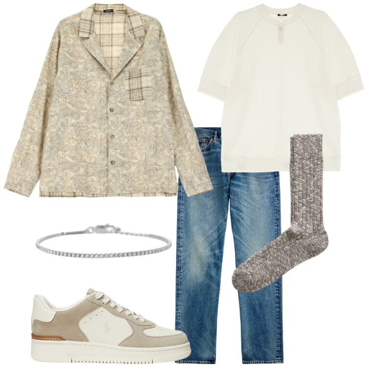 Outfit uomo - Total look #1994678. Stile Trendy per Tutti i giorni. Abbinamento con braccialetti, t-shirt, camicie, sneakers, jeans dritti, calzini.
