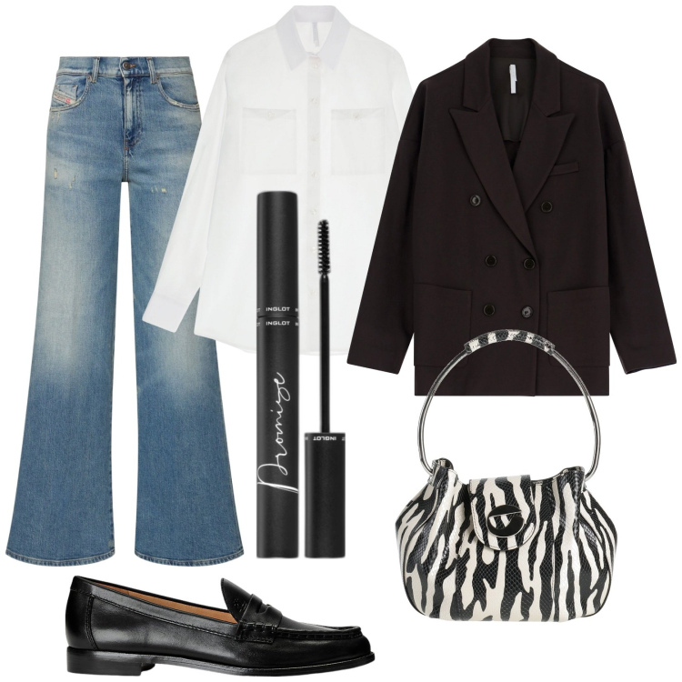 Outfit donna - Total look #1994683. Stile Casual chic per Tutti i giorni. Abbinamento con borse a secchiello, mascara, blazer, camicie, mocassini, jeans.