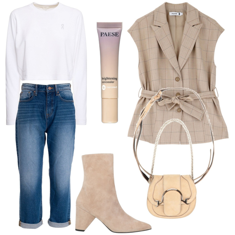 Outfit donna - Total look #1994686. Stile Casual chic per Tutti i giorni. Abbinamento con stivaletti, marsupi, correttori, gilet, jeans boyfriend, t-shirt.