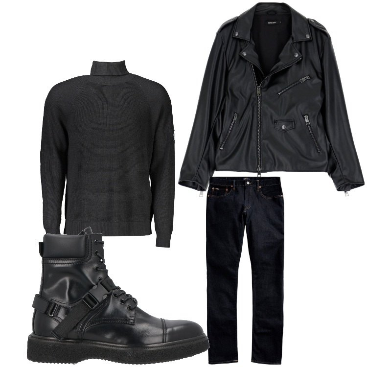 Outfit uomo - Grinta da vendere. Stile Biker Rock per Tutti i giorni. Abbinamento con anfibi, giacche, jeans, maglieria.