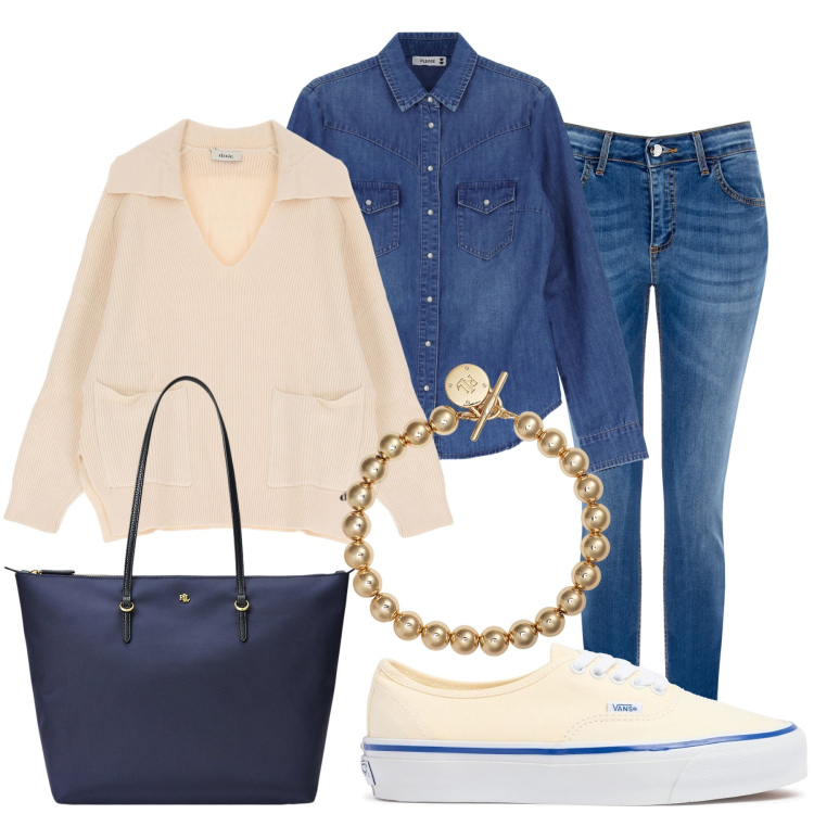 Outfit donna - In denim. Stile Casual chic per Tutti i giorni. Abbinamento con camicie, jeans skinny, maglieria, braccialetti, borse tote, sneakers.