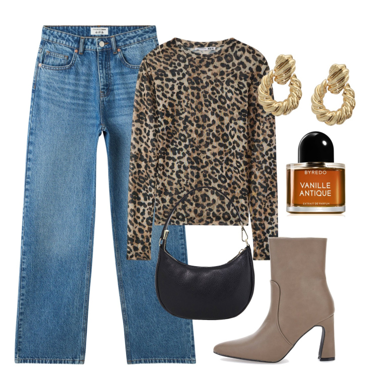 Outfit donna - Animalier. Stile Trendy per Serata fuori. Abbinamento con profumi, jeans, maglieria, borse a spalla, orecchini, stivaletti.