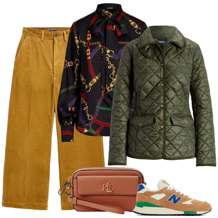 Outfit donna - Nella campagna inglese. Stile Casual chic per Ufficio. Abbinamento con sneakers, pochette, giacche, pantaloni, camicie.