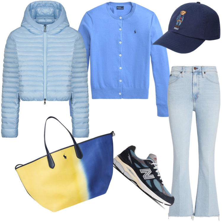 Outfit donna - Total look. Stile Sporty chic per Tutti i giorni. Abbinamento con sneakers, jeans, cardigans, borse tote, cappelli, piumini.
