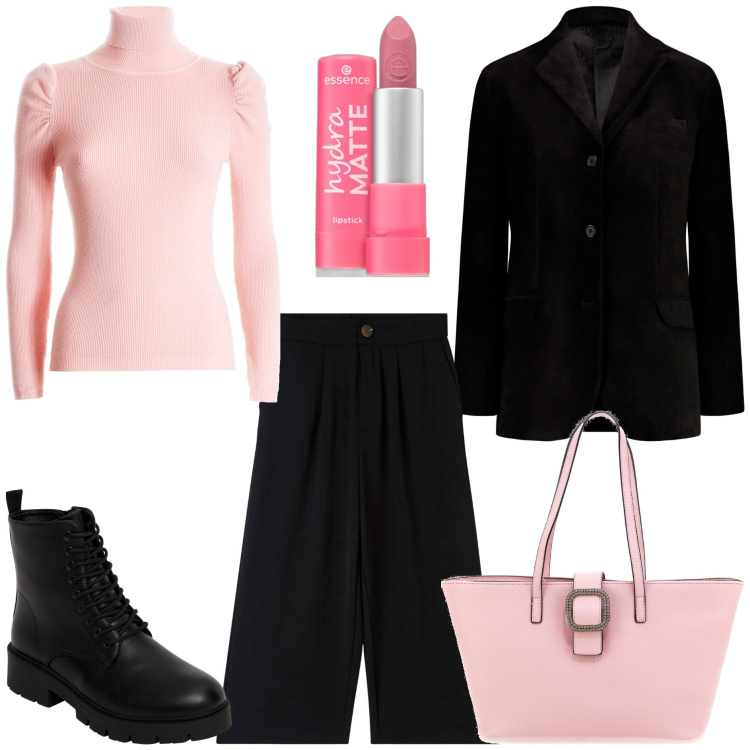 Outfit donna - Best shop Bantoa. Stile Trendy per Tutti i giorni. Abbinamento con rossetti, pantaloni a palazzo, anfibi, maglieria, blazer, borse a spalla.