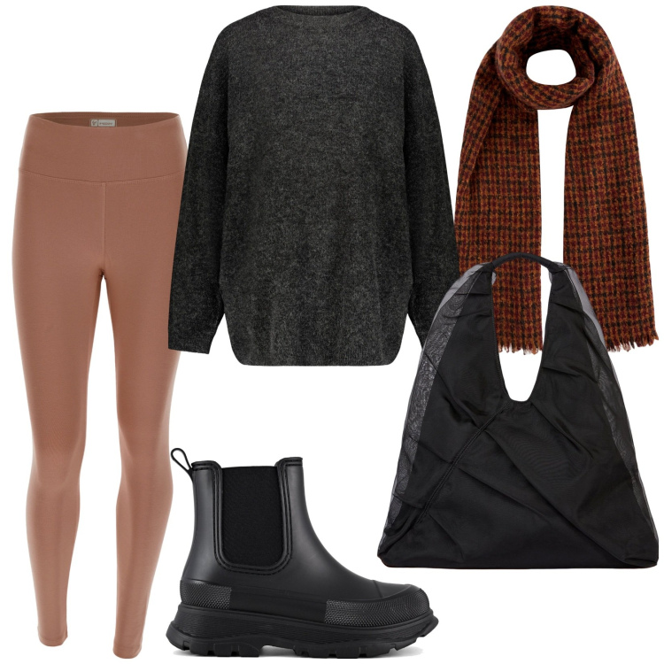 Outfit donna - Total look #1994733. Stile Minimal per Tutti i giorni. Abbinamento con leggings, maglieria, stivali, shopping bag, sciarpe.