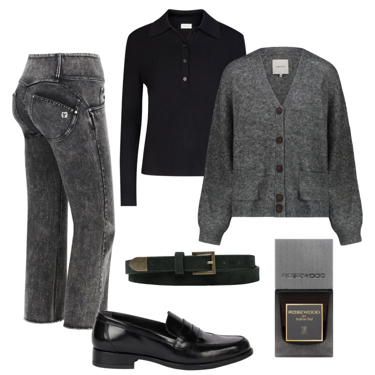 Outfit donna - Grigio mélange e delavé. Stile Casual chic per Tutti i giorni. Abbinamento con profumi, jeans a zampa, cardigans, mocassini, polo, cinture.