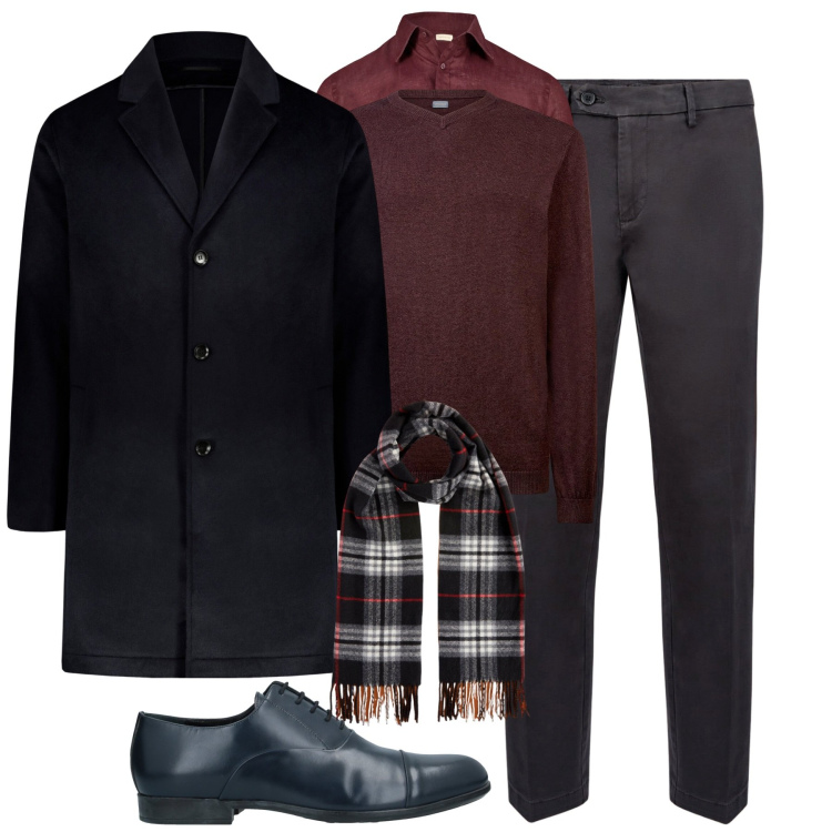 Outfit uomo - In ufficio. Stile Business/Elegante per Ufficio. Abbinamento con scarpe stringate, pantaloni chino, cappotti, camicie, maglieria, sciarpe.
