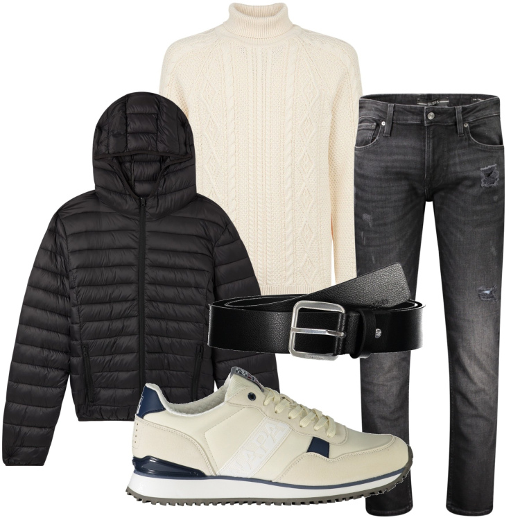 Outfit uomo - Una passeggiata. Stile Casual per Tutti i giorni. Abbinamento con giacche, maglieria, sneakers, jeans strappati, cinture.